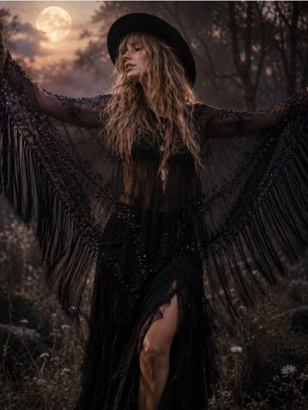 Vtg Gothic Sheer Embroidered Glass Beads Sequins & Fringe Stevie Nicks Poncho - Picture 16 of 16